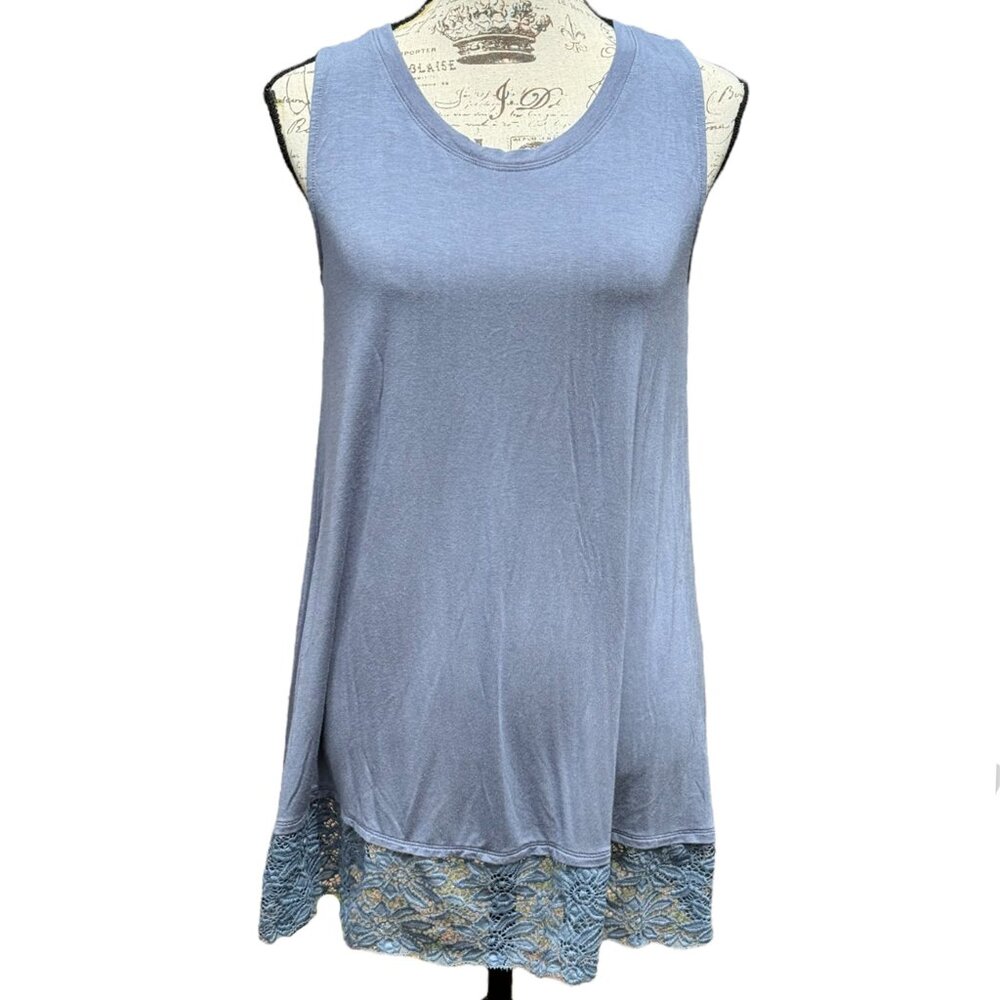 ♛4/$20♛ Zenana Signature Sleeveless Blouse Tank Top w/ Lace Hem Blue Flowy Thin